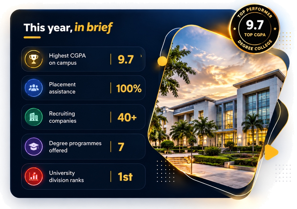 ASR Degree College - This Year in Brief: Highest CGPA 9.7 Top Performer, 100% Placement Assistance, 40+ Recruiting Companies, 7 Degree Programmes, 1st University Division Ranks